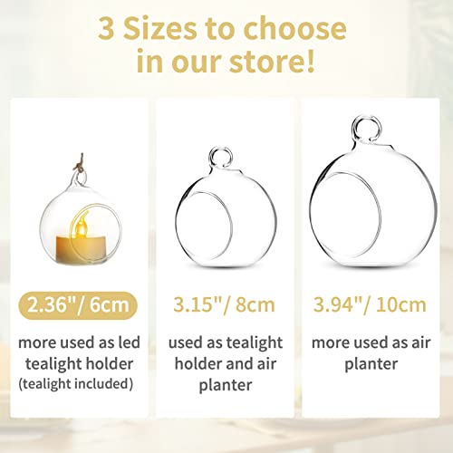 NUPTIO Hanging TeaLight Candle Holder: 24Pcs 2.36in Tree Tea Light Holders with LED Candles Small Glass Globes Ornament Clear Round Mini Terrarium Containers for Wedding Party Tree Decoration - size: 2.36 inches