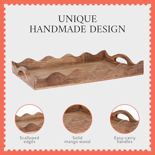 Mela Artisans Ottoman Wooden Serving Tray | Large, Scallop | Decorative Mango Wood | Serve Breakfast, Other Foods, Coffee and Tea | Rustic Home Decor | 16" x 12” x 2.5”