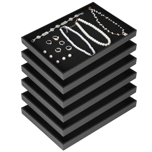 Rainmae 6 Pcs Velvet Stackable Jewelry Tray Showcase Display, Jewelry Organizer Trays for Drawers and Countertop, Black Empty Plates for Necklace, Ring, Bracelet, and Earring Storage Display