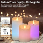 Flameless Candle RGB Set, Flickering LED Pillar Real Wax Candle with Remote Control and Timer, Upgraded Blue Flame Heart, Built-in Battery Rechargeable Flameless Candle, 1 Set of 3 - color: Rechargeable-Color RGB