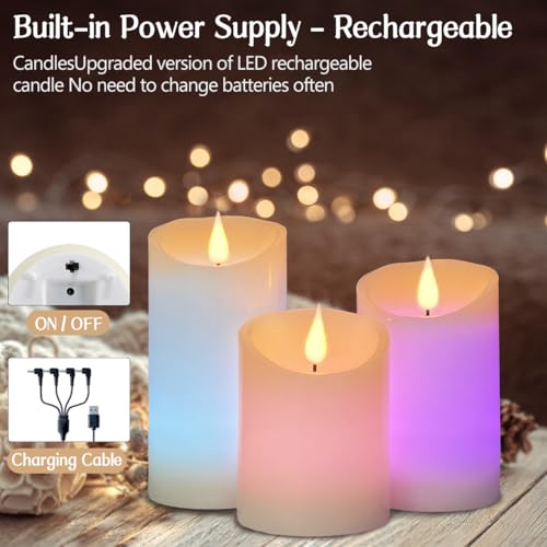 Flameless Candle RGB Set, Flickering LED Pillar Real Wax Candle with Remote Control and Timer, Upgraded Blue Flame Heart, Built-in Battery Rechargeable Flameless Candle, 1 Set of 3 - color: Rechargeable-Color RGB