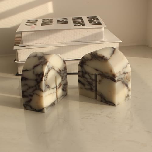 Set of 2 Natural Calacatta Viola Marble Bookends for Shelves, Decorative Book Ends for Heavy Books, Book Stopper Office Bookshelf Decor for CDs/Video Games