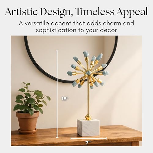 Serene Small Blue Starburst Statuary Decorative Object – Large Metal, Marble & Stone Modern Home Decor – Contemporary Shelf & Coffee Table Decor for Office & Living Room – 18", Blue - size: 18"
