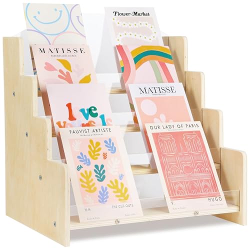 Greeting Card Display Stand , Acrylic Sticker Display Holder for Vendors, Counter Retail Display Rack , 4-Tiered Wooden/Acrylic Display stand for postcard /Brochure/Photos/Picture