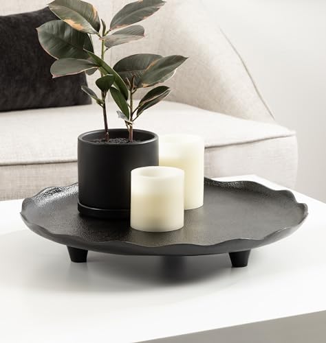 Kate and Laurel Alessia Modern Decorative Scalloped Round Footed Metal Tray; 16 Inch Diameter; Black; Transitional Food-Safe Cast Aluminum Pedestal Tray with Rough Texture and Deckled Edge - color: Black