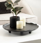 Kate and Laurel Alessia Modern Decorative Scalloped Round Footed Metal Tray; 16 Inch Diameter; Black; Transitional Food-Safe Cast Aluminum Pedestal Tray with Rough Texture and Deckled Edge - color: Black