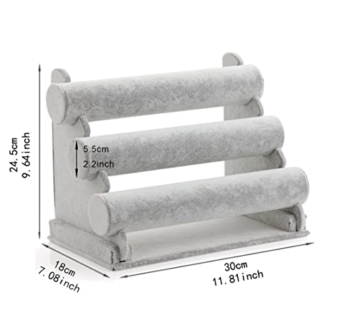 Wudygirl Triple Bracelet Holder Velvet Jewelry Display Stand Watch Bangle Bar Necklace Storage Organizer Gray (Ice Velvet 3 Tier) - color: Gray, size: L