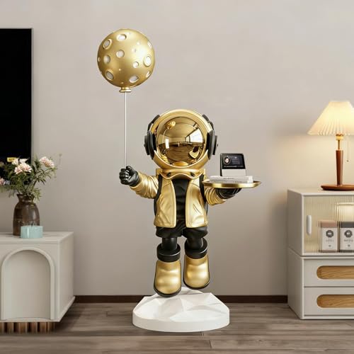 Large Astronaut Statue, Astronaut Sculpture, Astronaut Decoration, Cool Metal mask Decor, Floor Sculpture, Suitable for Living Room, Bedroom, Stores, etc., Tray can be Used for Storage - color: Glossy Gold