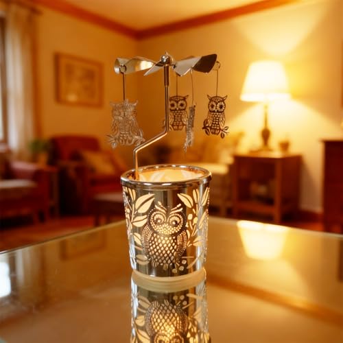 Carousel totary Candle Holder Spinning irthday Gifts for Women, Mom, Wife, Girlfriend, Sister, Her, Metal Windmill Tea Light for Female Friends (Silver owl) - color: Silver Owl