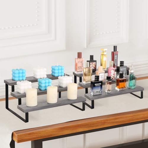 YINMIT Wooden Display Riser Stand, Tiered Perfume and Cologne Organizer Stand, 3 Tier Spice Rack Organizer, Rustic Display Shelf for Candles (3 Tier,2Pack,Grey) - color: 3 Tier,2Pack,Grey