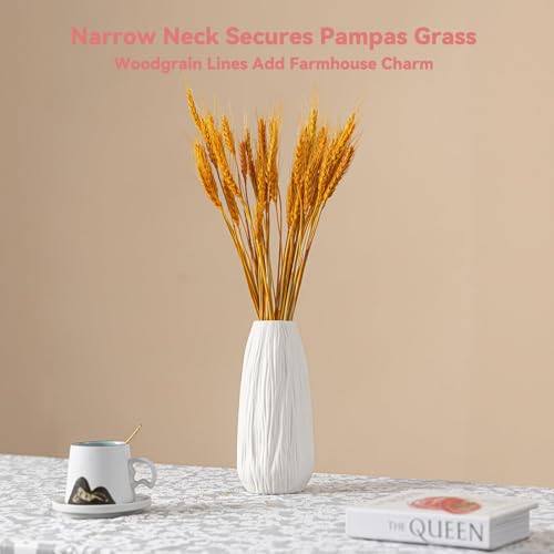 White Ceramic Vase with Woodgrain Texture & Vertical Lines - 9.3" Unique Flower Vase for Pampas Grass & Centerpieces, Farmhouse/Boho Decorative Vase for Living Room, Office Desk &Gift for Her/Yourself - color: Woodgrain Texture