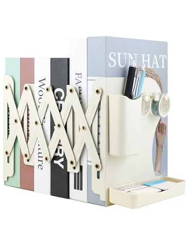 Heavy Duty Bookends Adjustable Book End, Desk Book Holder for Shelves, Book Organizer for Desk, Suitable for Office Home School (19.69 inches Max) (White) - color: White