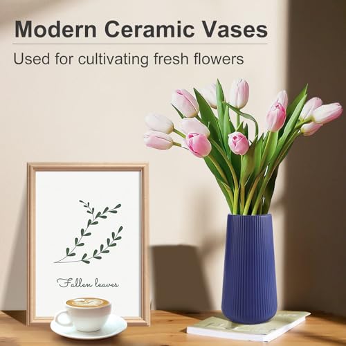 Navy Blue Ceramic Vase, GUKJOB Small Cute Flower Vase for Pampas Grass, Home, Living Room, Dining Table, Farmhouse, Office Decor, Bedroom, Table, and Kitchen Shelf (Navy Blue) - color: Small Navy Blue