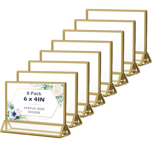 Acrylic Sign Holders Golden Border 8 Pack 6x4 Wedding Table Number Frames Double Sided Table Menu Stands with Horizontal Stand, Photos and Art Display