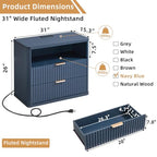 LEYAOYAO 31" Wide Fluted Nightstand with Charging Station, Oversized Extra Large 2 Drawers Night Stand,Blue Wood Bedside Table,Tall Bed Side End Tables,Modern Chest of Drawers Dressers for Bedroom - color: Blue, size: 2 Drawers