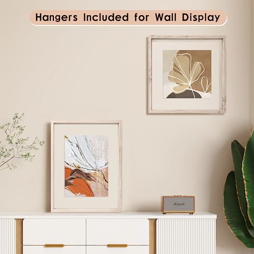 MUYE 5x7 Floating Frames Distressed Beige White Wood Pattern,Double Glass Picture Frame Display Any Size Photo up to 5x7,Wall Mount or Tabletop,2 Pack - color: Beige, size: 5x7