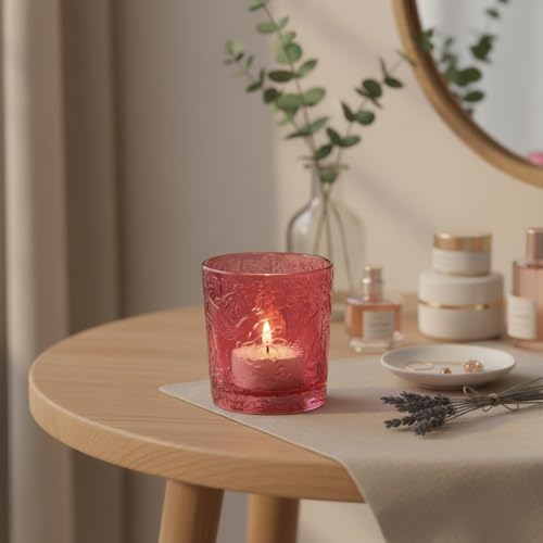 12 Pack Hummingbird Embossed Glass Candle Holders – Votive Tealight Holders with Patent Design, Decorative Embossed Glass Cups for Wedding Centerpieces, Parties, and Home Décor (Wildberry Red) - color: Wildberry Red