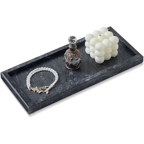 Natural Marble Vanity Tray, Luxury Stone Organizer for Bathroom & Kitchen Counter | Holds Soap Dispenser, Jewelry, Perfume | Non-Resin, Non-Ceramic Décor - color: Black, size: 11.8" x 5.1" x 0.8"