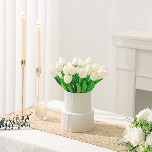 White Ceramic Vase, Large Ceramic Vase for Flowers, Decorative Vases for Boho Decor, Modern Ribbed Vase, Pampas Grass Vases for Living Room, Office, Mantel, Shelf, Dinning Table, 7.5 Inches - color: White, size: Large Ribbed
