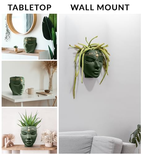 Head Planter - Indoor & Outdoor Home Decor Gifts for Plant Lovers - for Flat Surface or Wall Mount - Unique Face Planter for Flowers, Succulents, & More (7 inch, Serena Design, Green) - color: Serena Green