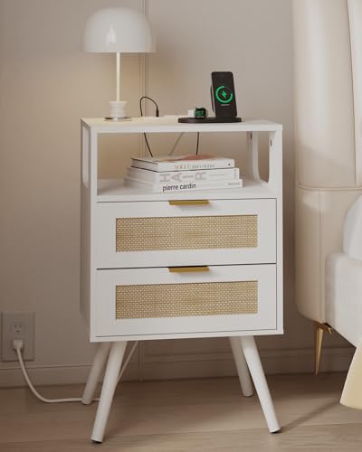 JOONEE Rattan Nightstand with Charging Station,Farmhouse Bedside Table with 2 Storage Drawer and Open Wood Shelf, for Bedroom and Small Spaces,Night Stand with Solid Wood Legs (White-Outlet) - color: White-outlet