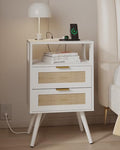 JOONEE Rattan Nightstand with Charging Station,Farmhouse Bedside Table with 2 Storage Drawer and Open Wood Shelf, for Bedroom and Small Spaces,Night Stand with Solid Wood Legs (White-Outlet) - color: White-outlet