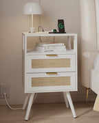 JOONEE Rattan Nightstand with Charging Station,Farmhouse Bedside Table with 2 Storage Drawer and Open Wood Shelf, for Bedroom and Small Spaces,Night Stand with Solid Wood Legs (White-Outlet) - color: White-outlet