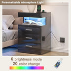 Treocho Led Nightstand with Hidden Space, Modern Night Stand with Charging Station, 3 Drawer Smart Nightstand with Glossy Finish, Tall Bedside Table with RGB Lights for Bedroom, Black - color: Black