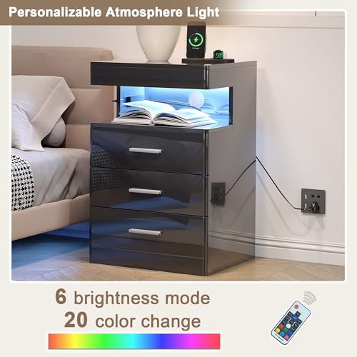 Treocho Led Nightstand with Hidden Space, Modern Night Stand with Charging Station, 3 Drawer Smart Nightstand with Glossy Finish, Tall Bedside Table with RGB Lights for Bedroom, Black - color: Black