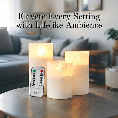 VENTA Frosted Glass LED Candles, Set of 3 | Warm Amber Flickering Pillar Candles with Remote | Creates Cozy, Relaxing Hygge Ambiance for Bedroom & Living Room - color: Foggy