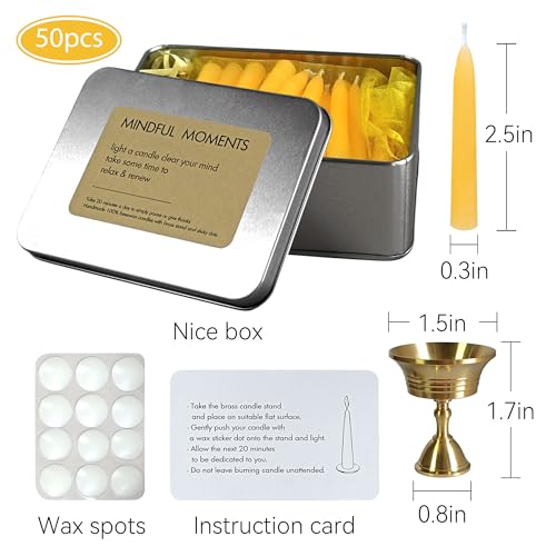 Luxury Beeswax Meditation Candles 20 Min – Mini Pure Beeswax Taper Candles with Brass Holder, Dripless 20 Minute Prayer Candles for Yoga Easter Saint Patrick’s Day, Wedding & Mother’s Day - color: 50pcs Beeswax Candles