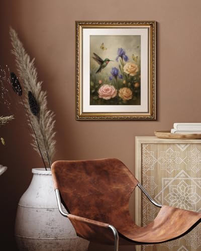HUARCEY Vintage Floral Bird Painting Canvas Wall Art 13x16, Classic Botanical Hummingbird Flower Gold Framed Print, Elegant Traditional Cottage Farmhouse Living Room Bedroom Home Decor - color: Hummingbird Rose, size: 16"L x 13"W