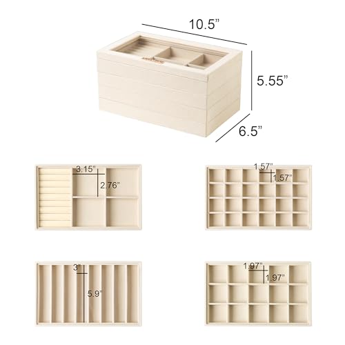 Frebeauty Stackable Jewelry Trays, Velvet Drawer Jewelry Organizer with Glass Lid,5 in 1 Multi-Functional Jewelry Storage for Earrings Necklaces Rings, 10.5 x 6.5 x 5.55 Inches Gift for Women(Beige) - color: Beige, size: Set5-A