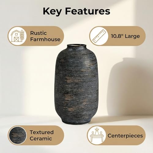 Large Ceramic Vase, Farmhouse Flower Vase for Home Decor - Rustic Vintage Table Vase for Living Room, Kitchen, Bedroom, Office, Bookshelf, Coffee or Dining Table Decor（10.8“ Black Bronze） - color: Black Bronze-10.8"tall, size: 10.8"-Cylinder