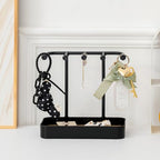 esowemsn 1PC Black Desktop Jewelry Organizer Stand Plastic Earring Holder Keychain Bracelet Holder with Wooden Tray 5 Hooks Necklaces Hanging for Necklaces,Bracelets,Chains,Rings,Earrings,Keys - color: Black