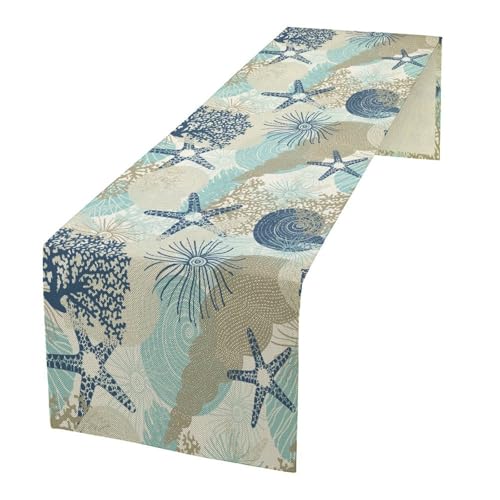 Nautical Coastal Table Runner，Ocean Themed Starfish Coral Conch Beach Kitchen Dinning Table Decoration for Indoor Outdoor Home Party Decor 13x36 Inch - color: Shell-2, size: W13x36L