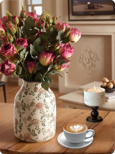 Vintage Ceramic Vase - 7.8 Inch Hand-Painted Roses with Ice Crackle Glaze Finish, American Farmhouse Style Pitcher Vase for Home Decor, Centerpiece, Shelf, Table, Office, Rustic Wedding Gift - color: Beige and Red-002