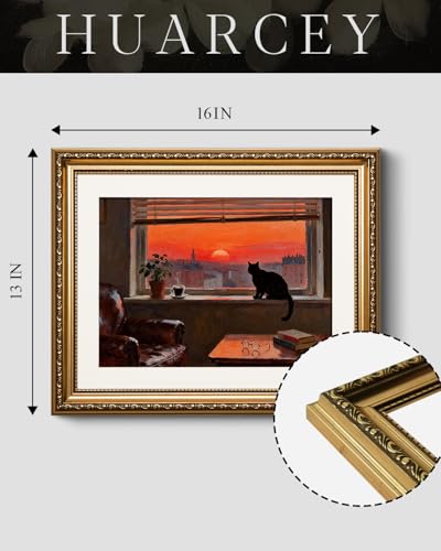 HUARCEY Vintage Sunset Black Cat Artwork 13''x16'' Canvas Print, Ornate Gold Framed Wall Art, Moody Aesthetic City Window View Quiet Moment Decor for Home Living Room Bedroom Study Office - color: Cat Watching, size: 16"L x 13"W