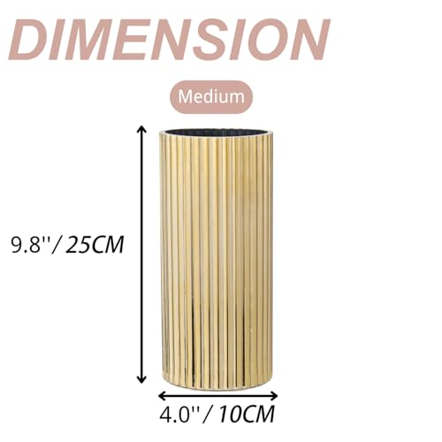 Gold Vase, Ribbed Glass Vase for Flowers, Modern Flower Vases for Tulips, Tall Fluted Vases for Living Room, Dining Table, Office, Wedding, Bookshelf, 10 Inches - color: Gold, size: 10''
