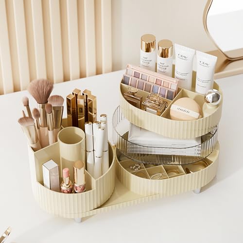 Ivory Rotating Vanity Organizer with Drawer & Brush Holder - 3 Layer Cosmetic Skincare & Perfume Storage - Countertop Makeup Display Case - color: ‎3 Layer Rotating Makeup Organizer-White
