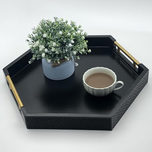 Serving Tray with Polished Metal Handles, Hexagon Coffee Table Tray, Modern Rectangle Decorative Tray, Large Ottoman Tray, Perfect for Storage and Display (Black Hexagon) - color: Black Hexagon