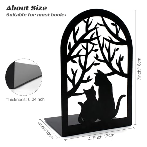 Book Ends, Bookends, Metal Bookend, Cat Decorative Bookends, Bookends for Shelves, Home Decorative Bookends for Heavy Books, Black Non-Skid Book Stopper, 7 x 4.7 x 4 inch (2 Pair)