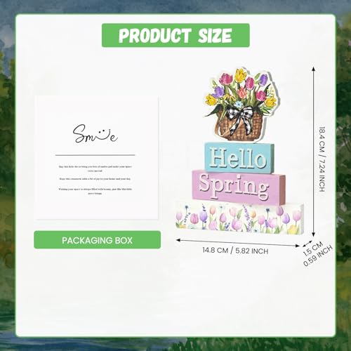 Smile Spring Wooden Indoor Decoration, Hello Spring, Floral Basket Wood Signs, Rustic Farmhouse Flowers Home Table Decor, Retro Centerpiece for Tiered Tray - style: Floral