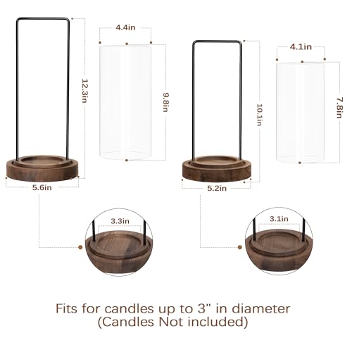 Houmury Set of 2 Brown Hurricane Candle Holders Lantern 12” & 10”with Wood Base Metal Handle Glass Cylinder Modern Farmhouse Decor for Home Decor, Table Centerpieces (Brown) - color: Brown