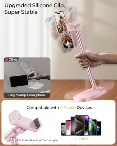 DIMONCOAT Cell Phone Stand for Desk, Stocking Stuffers Gifts for Teens Girls Boys Adults，Phone Holder Angle Height Adjustable, Aluminum Alloy Universal iPhone Stand for iPhone 17 16 15 Pro Max -Pink - color: PINK - 6X STABLE WEIGHTED BASE, size: For 4-7 I