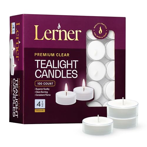 Lerner Clear Tea Lights Candles Bulk - 4.5 Hour Clear Cup Tealight 100 Pack - Consistent Smkless Clean Burning - Holiday, Wedding, Spa, Emergency and Home Decoration Candles - size: 100 Count