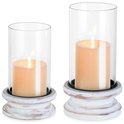 Hewory Hurricane Glass Candle Holder: Rustic White Candle Holders for Pillar Candles, Vintage Decorative Wood Stand with Clear Cylinder Glass for Table Centerpiece Fireplace Mantel Farmhouse Decor - color: White