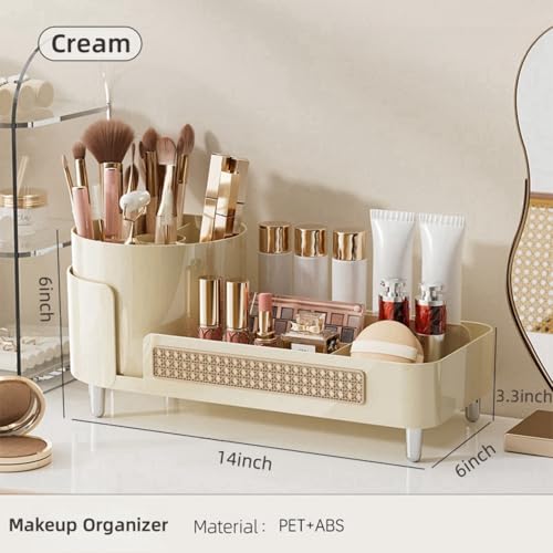 Booklov Rotating Makeup Caddy Organizer for Vanity, Large Capacity Cosmetic Display Case, Countertop Beauty Storage Holder for Skincare, Brush Eyeliner Lipstick, Counter Table Organization, Cream - color: Cream, size: L02