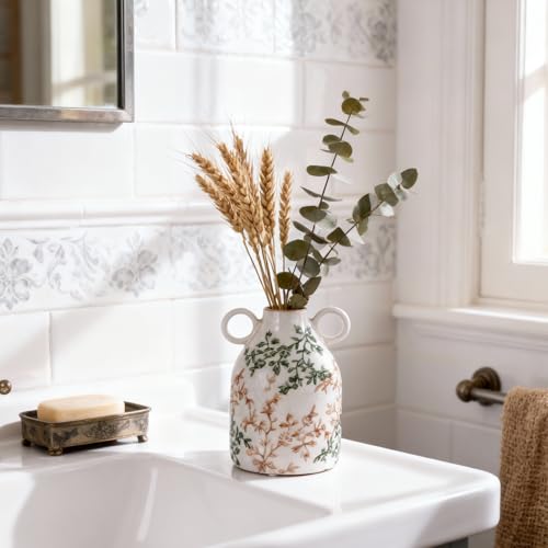 Vintage Green Floral Ceramic Vase with Handles – French Country Crackle Glaze Jug Flower Vase for Farmhouse Kitchen, Entryway Table, or Living Room Decor (Green Floral) - color: Green Floral
