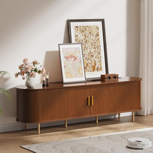 DHH 70.8 Inch Mid Century Modern TV Stand with Power Outlet for TVs up to 80 Inch, Entertainment Center with Storage and Adjustable Shelves, Media Console with Sliding Doors for Living Room(Walnut) - color: Walnut, size: 71 Inch
